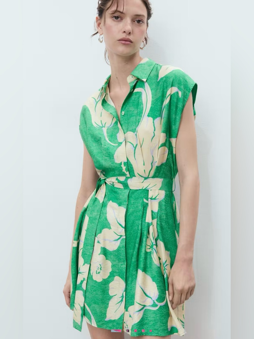 Mango Emerald Green and Cream Printed Floral Shirt Mini Dress with belt size 2